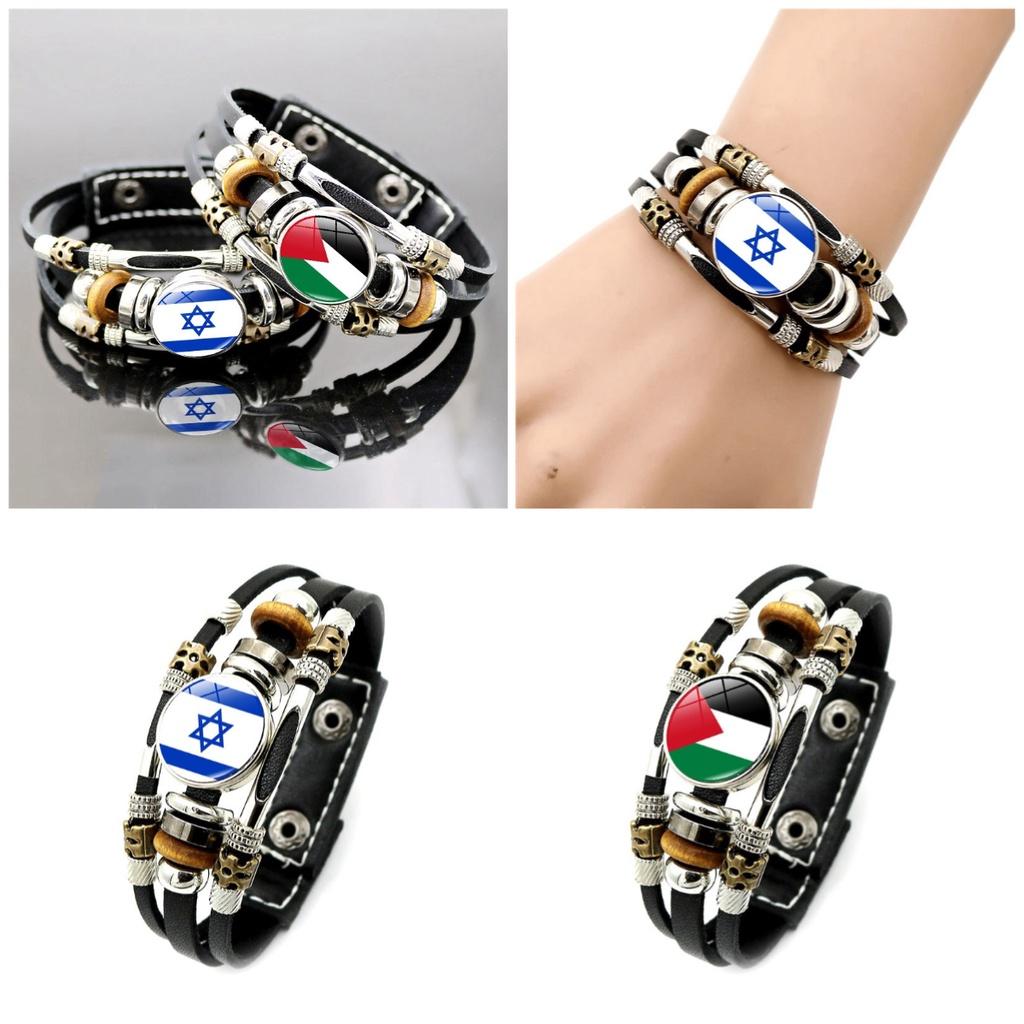 Israel Palestine Flag Pendant Leather Bracelet Handmade Men Accessory Boys Gifts