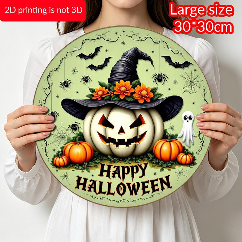 2D Flat, 1pc Retro Bohemian Style Aluminum Halloween Wall Decor Plaque - Round Witch Hat, Bat, Pumpkin And Metal Sign with "Happy Halloween" Quote