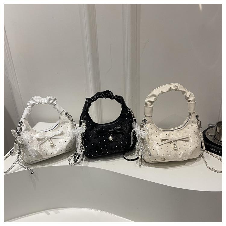 Sweet Polka Dot Bow Pearl Women Shoulder Bags Portable Ladies Chain Crossbody Bag Pleated Design Female Hobos Handbags Purse