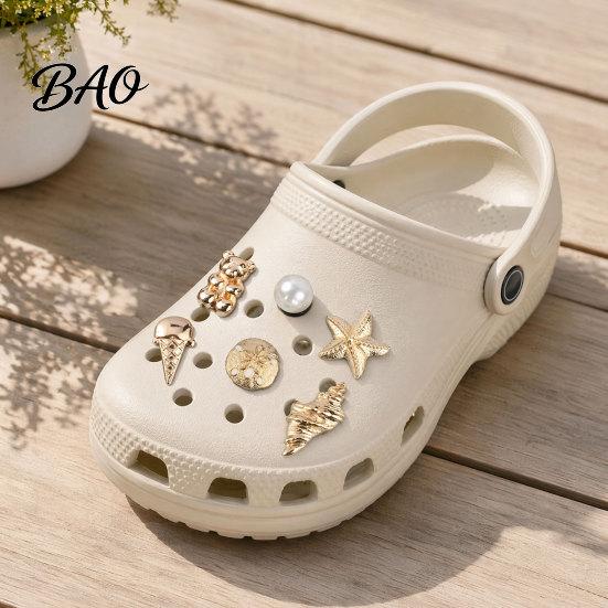 Gold Finish Shoe Charms 6Pcs/Set Gold-Tone Charms, Summer Ice Cream Shell Starfish Clog Accessories for Clogs Women Girls Beach Footwear Decor