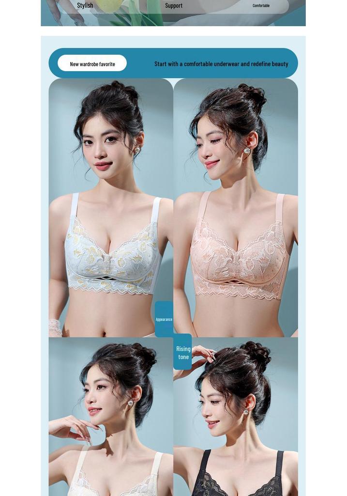 European & American Style Wireless Push-Up Lace Bra with Side Support - Comfortable & Breathable Women's Underwear