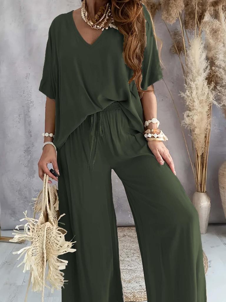 V-Neck Batwing Sleeve Casual Two-Piece Set with Wide-Leg Pants (2025) Women's Fashion