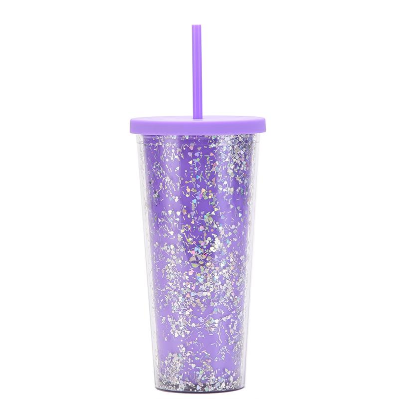 24Oz Double-Layer Plastic Cup Men'S And Women'S Sequined Shallots Glitter Creative Water Cup With Straw
