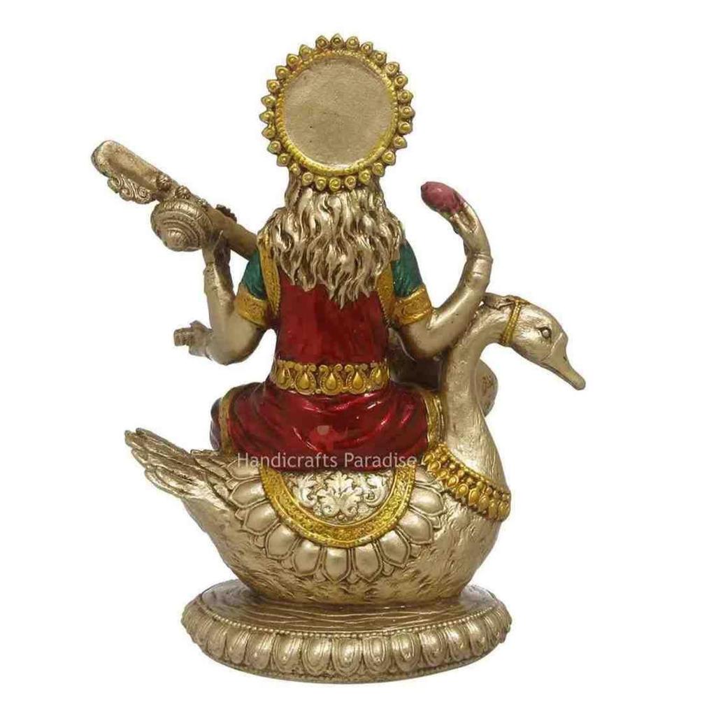 Hindu Goddess of Music and Knowledge Saraswati Sitting On Swan Playing The Vina Statue Sculpture