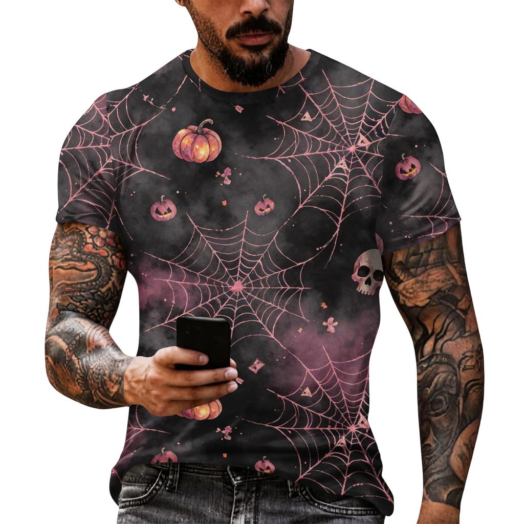 Men's Halloween Graphic Short Sleeve T Shirt Loose Fit Casual Summer Daily Top Spider Web Skull Print Comfortable Tee