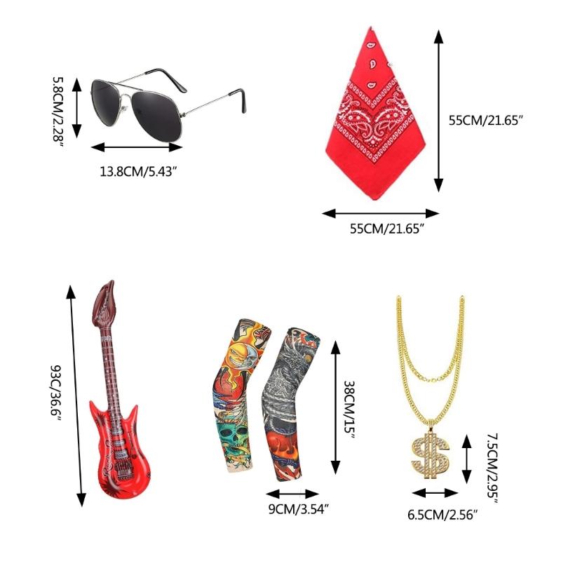 Sada kostýmů Rockera z 80. let, Kostýmy Heavy Metal Rock, Doplňky ke kostýmům na Halloween, Nafukovací kytara, Náramky, Prsteny