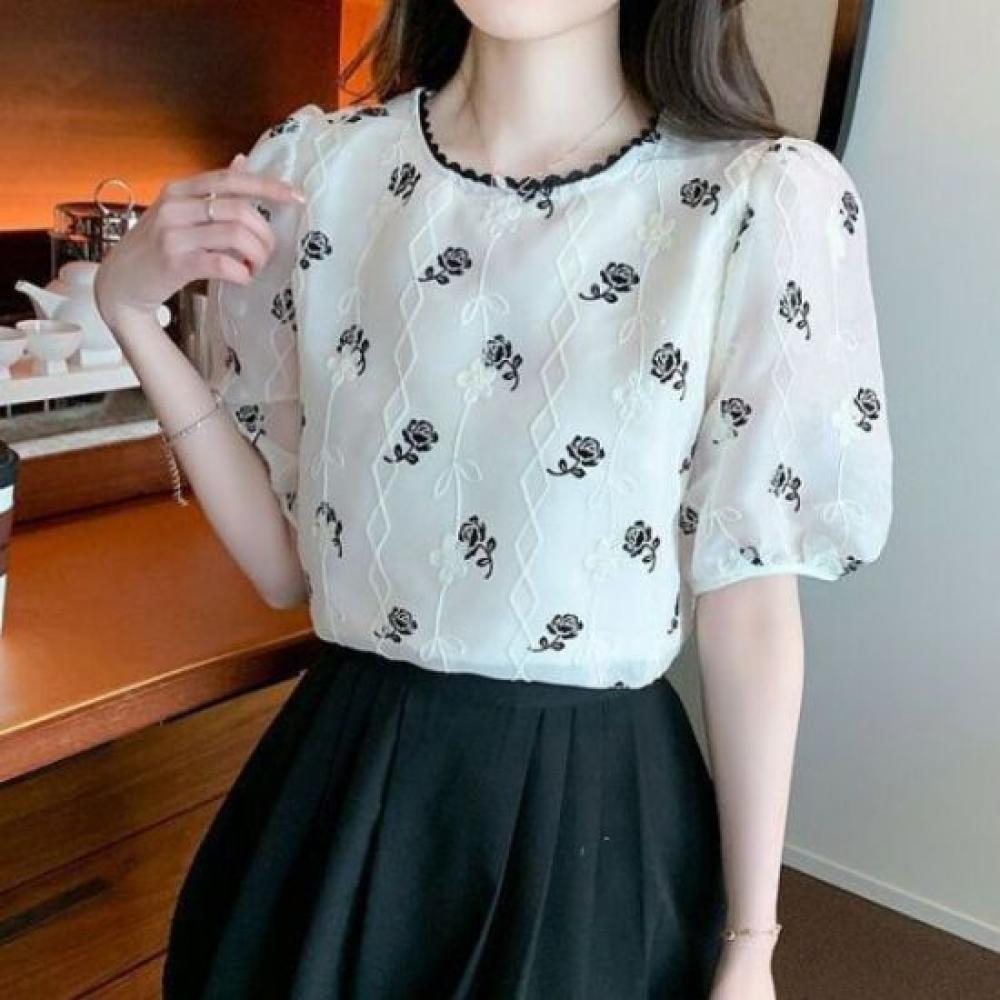Navava Rose Printing Round Neck Puff Short Sleeve Blouse Nb2659
