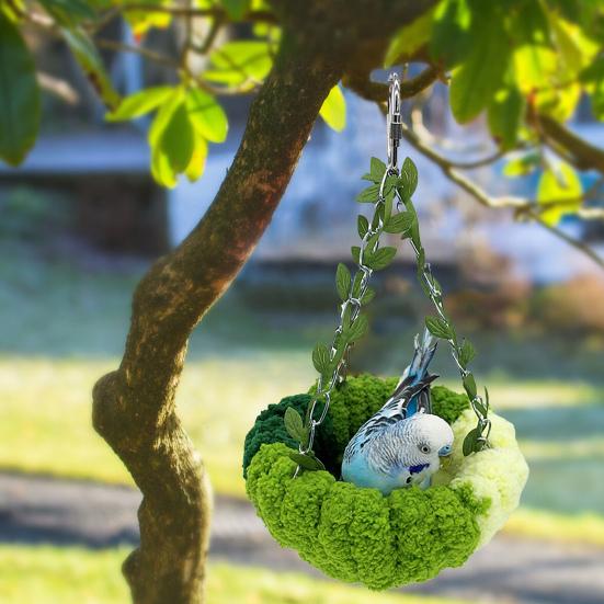 Hanging Parrot Nest Birdcage Plush Birds Bed with Leaves Hook Indoor Green Breeding Nest