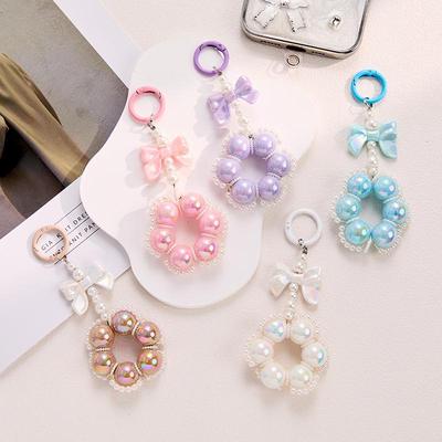 Pearl Bow Phone Lanyard with Sweet French Style Bag Keychain and Round Clasp