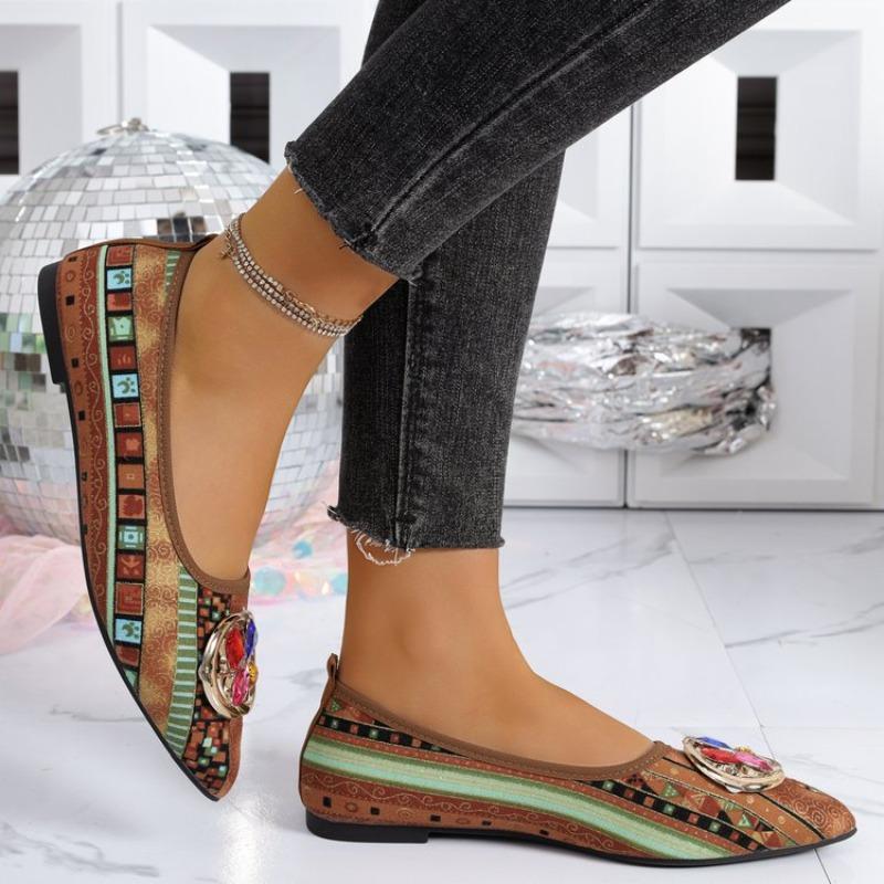 Damen Mittelgröße Metallschnalle Niedriger Absatz Graffiti Spitzschuh Tiefe Ausschnitte Ballerinas Retro Römischer Stil Neue Herbstschuhe