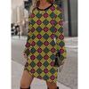 3D Retro Geometric Pattern Printed Dress, Autumn Long Sleeved Round Neck Casual Mini Dress