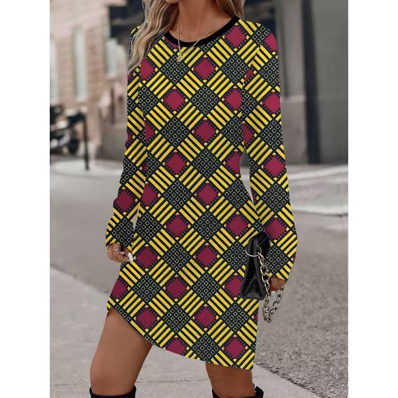 3D Retro Geometric Pattern Printed Dress, Autumn Long Sleeved Round Neck Casual Mini Dress