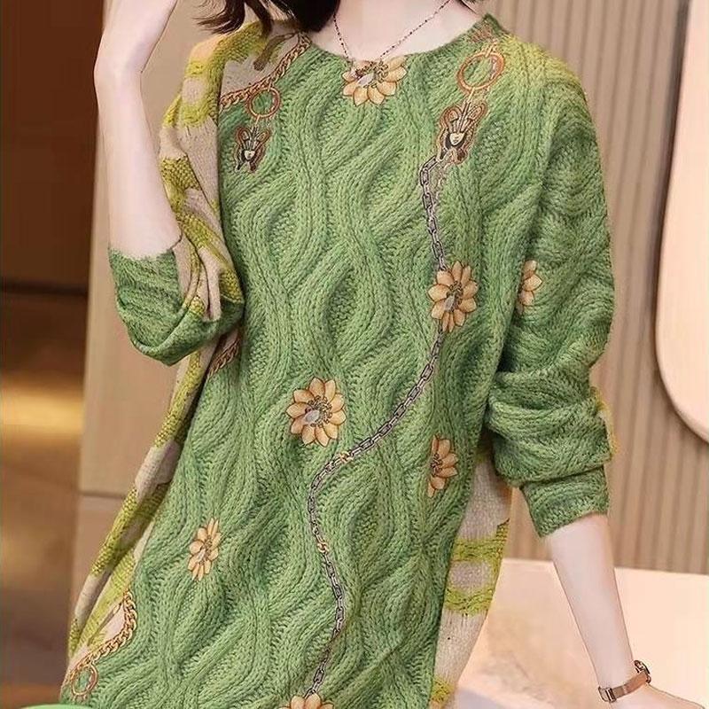 Modischer Vielseitiger Bedruckter Strickpullover Rundhals und Jacquard Lockere Passform