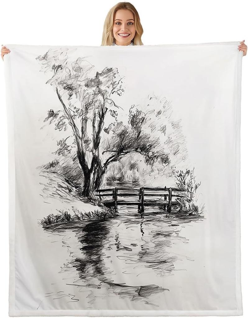 GUOYU Blanket Japanese Style Fleece Blanket Mount Fuji Warm Plush Sherpa Blanket Ocean Great Waves Art Fuzzy Plush Throw Black Golden Glitter