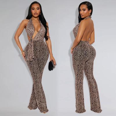 Sexy Leopard Print Sleeveless Backless Bodycon Jumpsuit for Women