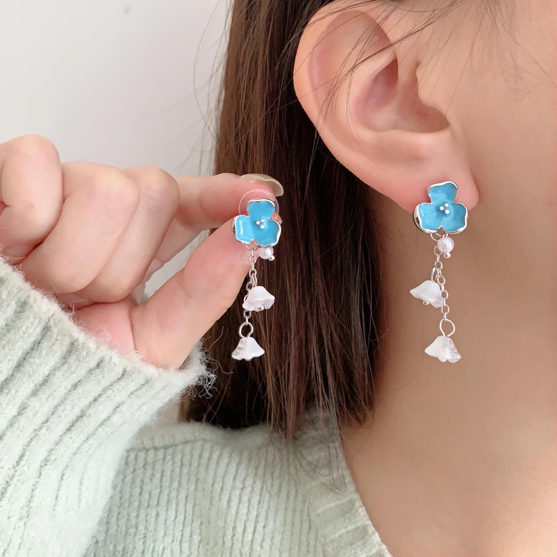 111 silver needle vintage blue flower tassel earrings women s celadon blue enamel dripping oil petal stud earrings vintage earrings 925 silver needle