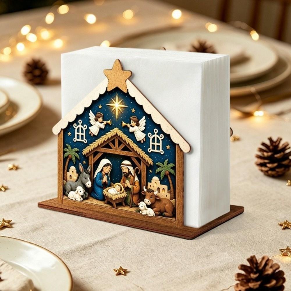 Wooden Christmas Napkin Holder Christmas Nativity Scene Pattern Tissue Organizer Bar