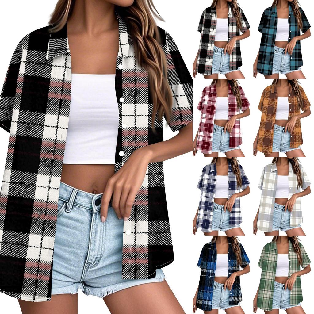 Women Casual Loose Fit Short Sleeve Button Down Collar Shirt Plaid Pattern Lightweight Summer Top