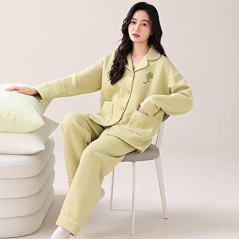 Pajamas Women'S Winter Thickened Pure Cotton Long-Sleeved Sandwich Air Cotton Autumn And Winter Loungewear Winter