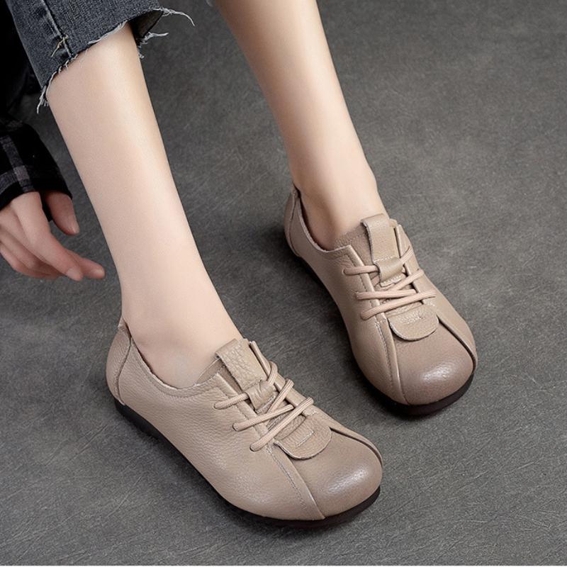 Johnature Bequeme lässige Damen-Flats-Schuhe aus echtem Leder mit weicher Sohle, runder Zehenpartie und einfarbigen Schuhen