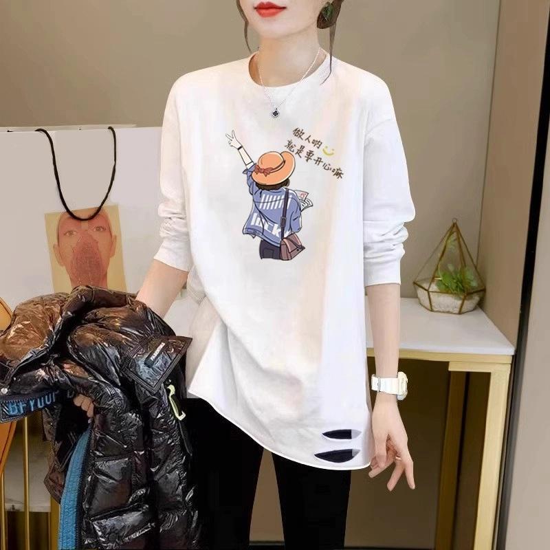 Early Autumn New Mid-length White Bottoming Shirt for Women Loose Inner Layered Pure Cotton Long-sleeved Top with Shark Pants