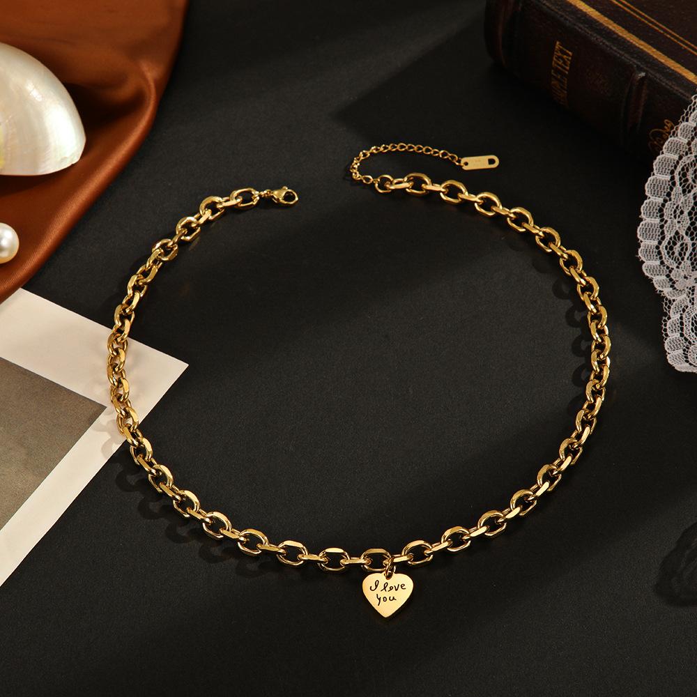 European and American Simple Love Stainless Steel Necklace Women's 14K Gold-plated Personalized Hip-hop Versatile English Heart-shaped Necklace