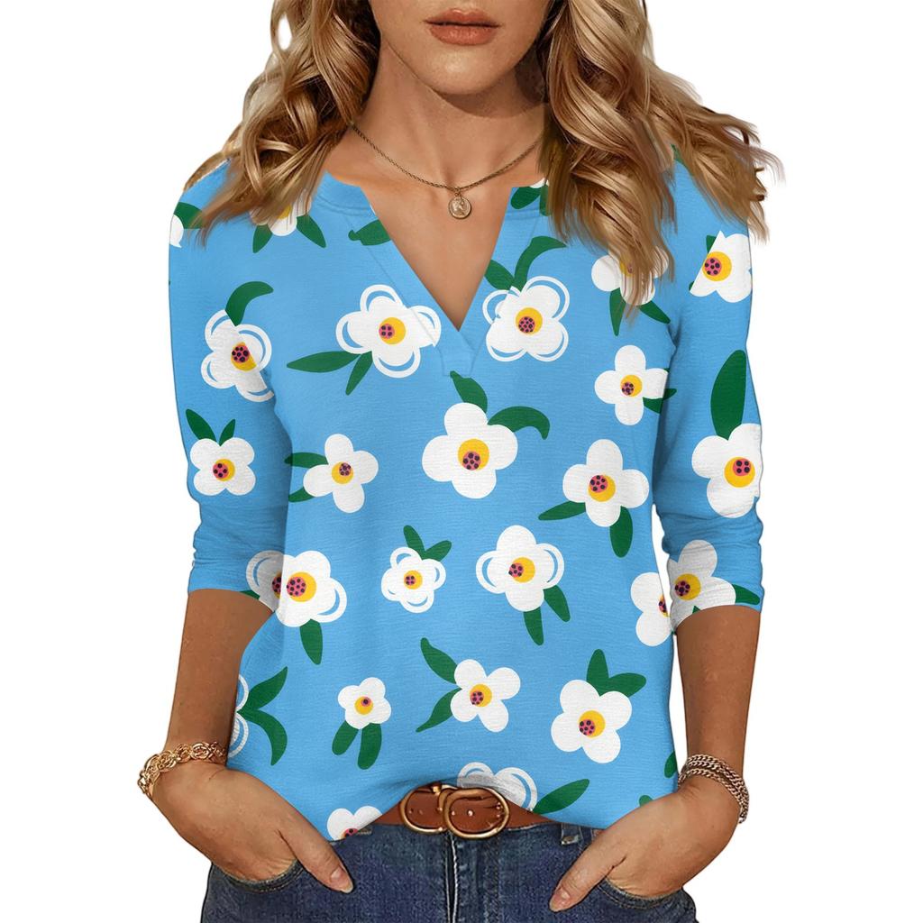 Women's Casual Fashion Sexy Comfortable V-Neck Floral Seven Sleeve Top