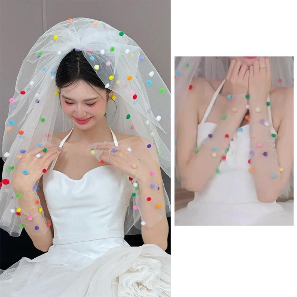 Photo Props Pompom Mesh Tulle with Clip Gloves New White Veil