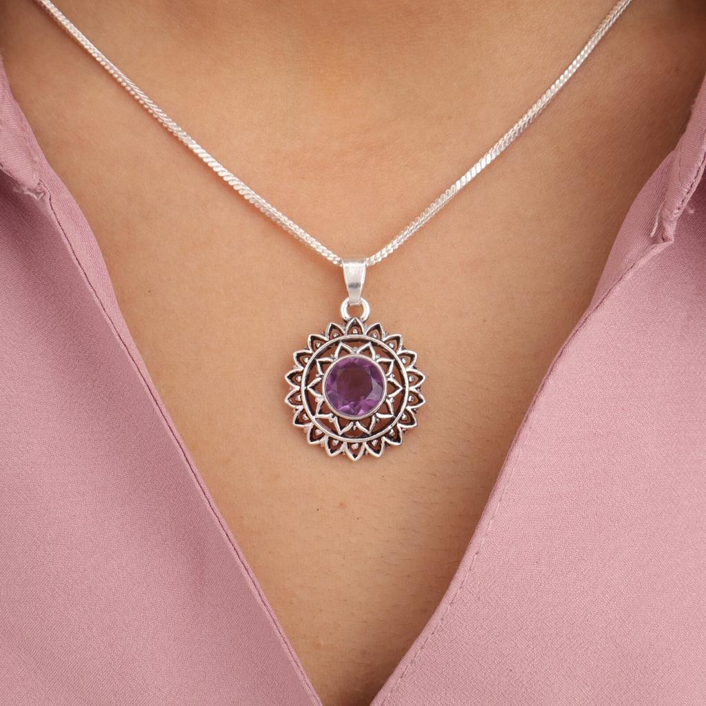 Amethyst Gemstone 925 Sterling Silver Jewelry Handmade Statement Pendant  1.14" CP-30-3