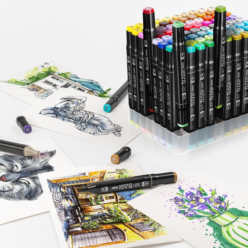 RAGI Pennarelli ad Alcool 80 Pennarelli fronte/retro, Doppia Punta, Set da Disegno Artistico Professionale