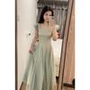 French Sweet Small Fresh Dress Women's Summer Small Waist Thin Mint Green Girl Skirt Super Beautiful