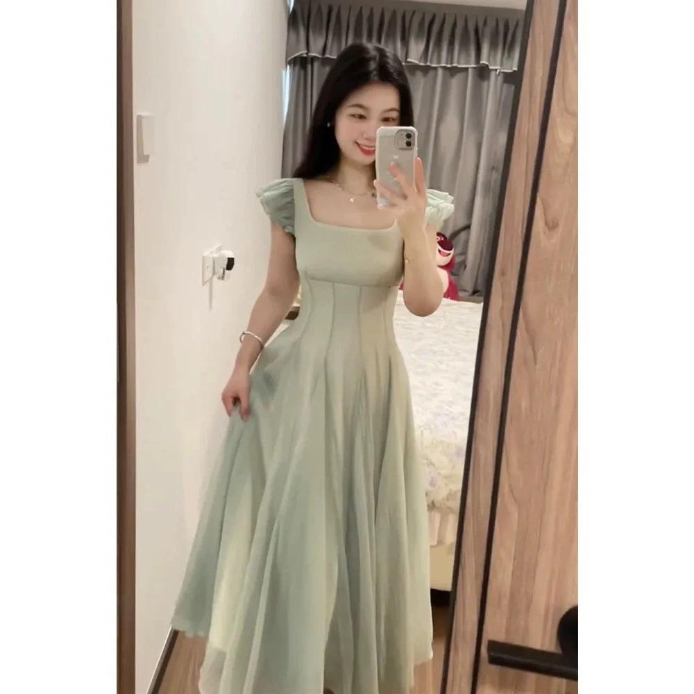 French Sweet Small Fresh Dress Women's Summer Small Waist Thin Mint Green Girl Skirt Super Beautiful