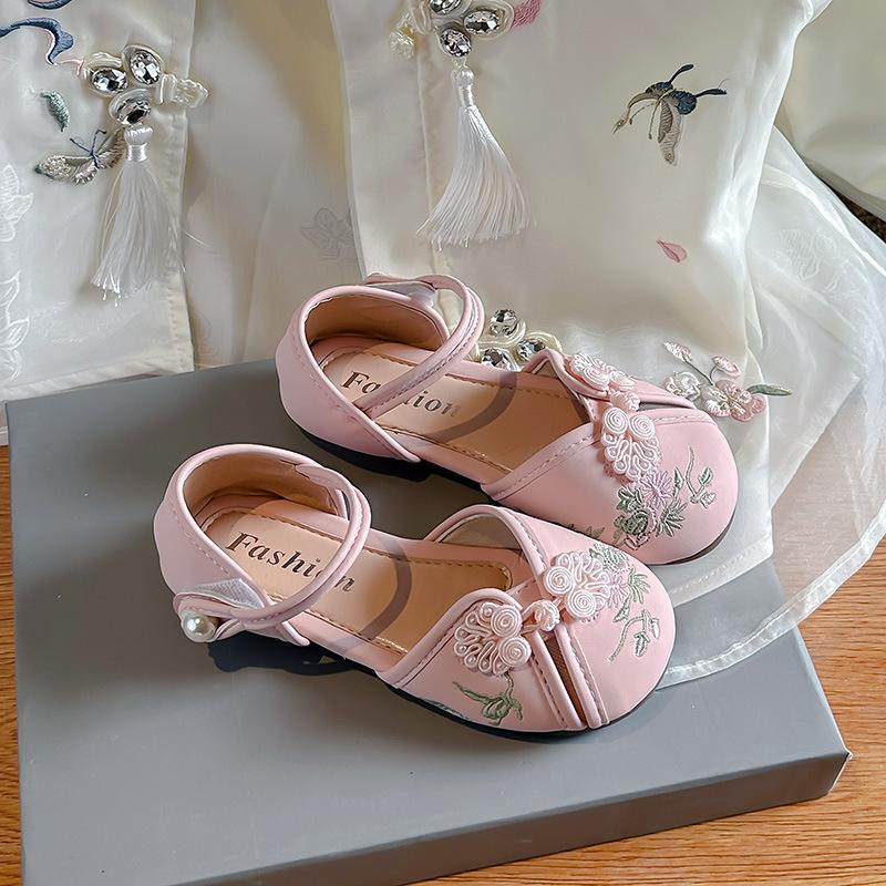Girls  Chinese-style leather shoes2026Summer new mesh hollow half-sandals, fashionable princess shoes for small, medium, and large children 23-28Code one hand6Double розовый