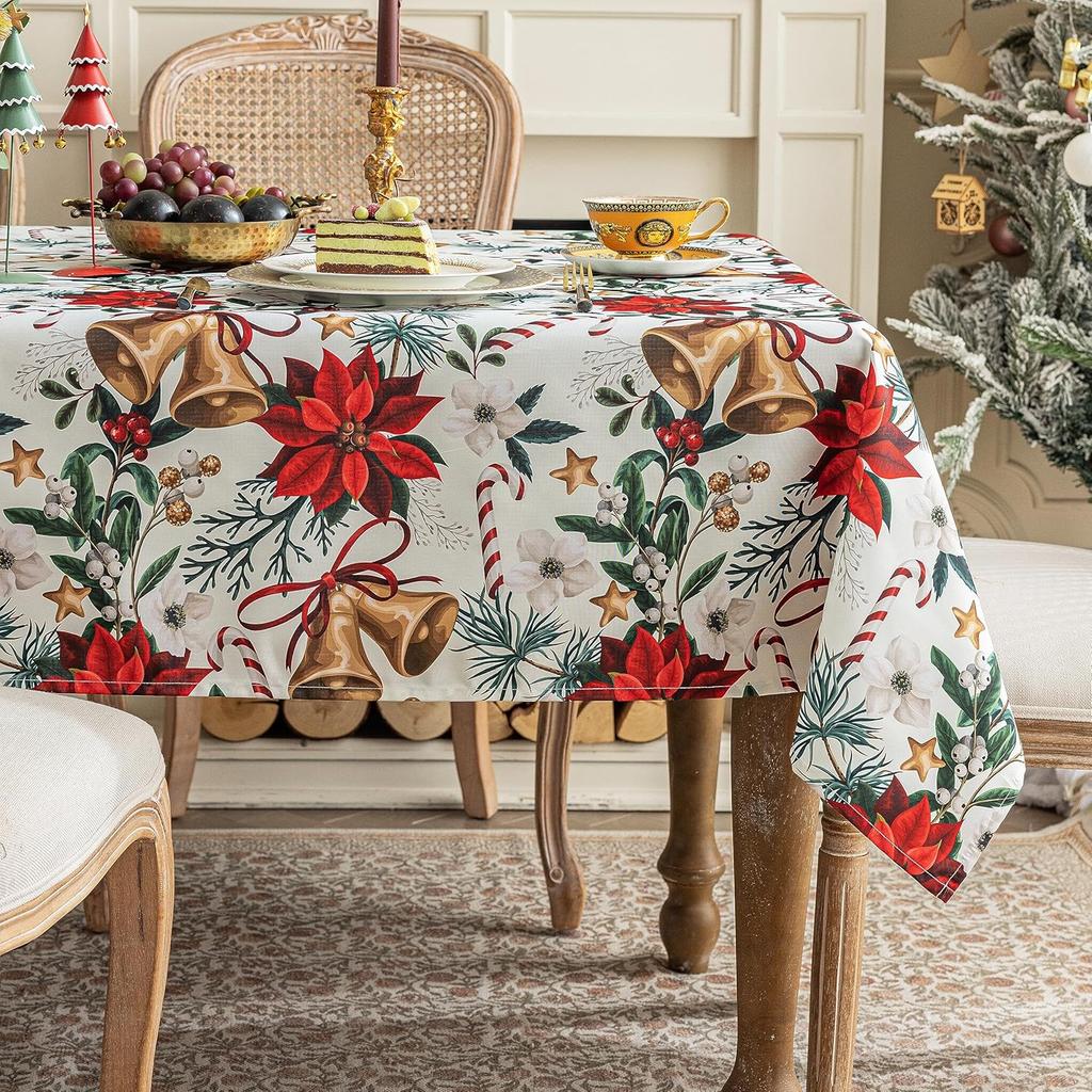 Christmas Winter Holiday Red Flowers Bells Rectangle Tablecloth Dining Room Decor Waterproof Tablecloth for Table Xmas Decor