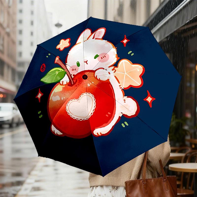 Entzückliches Kaninchen mit Apfel-Regenschirm: Ein perfektes Geschenk für Outdoor-Abenteuer - Automatisches Öffnen und Schließen, Leichtes und Langlebiges Reiseaccessoire 048