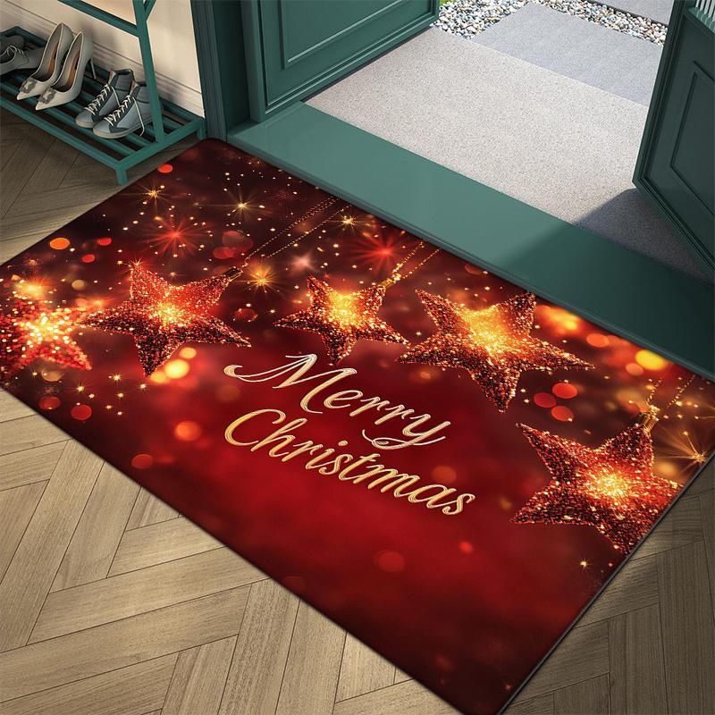 Christmas Star Flannel Door Mat Carpet, Five-Pointed Star Merry Christmas Print Non-Slip for Kitchen Living Room Decor