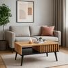 Scandinavian coffee table, oak lamellas/black, loft table with shelf