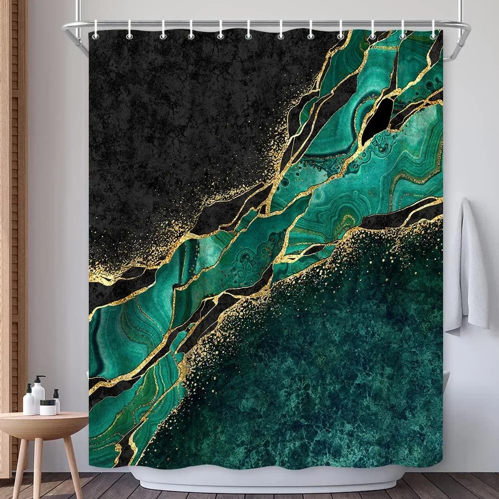 Abstract Navy Blue Gold Marble Shower Curtain Modern Luxury Golden Cracked Lines Fabric Bathroom Curtain Fashion Decor with Hook