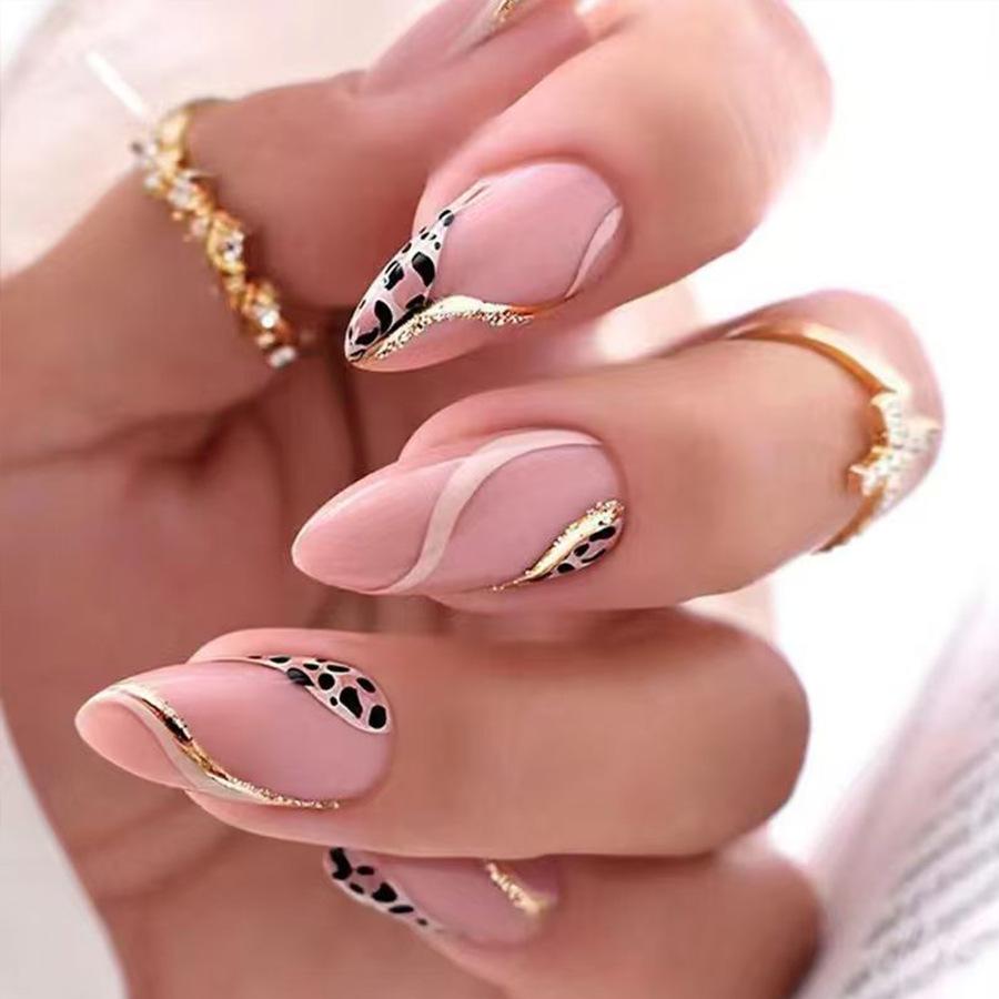 Punte Manicure a Forma di Mandorla con Stampa Leopardo - Strisce Stile French Hot Girl