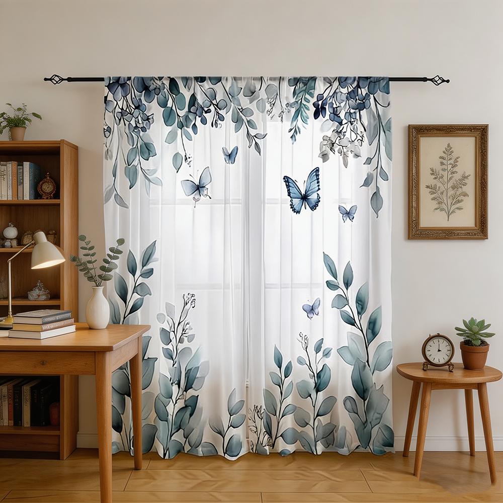 2PCS Digital Printed Sheer Curtain, Blue Leaf Butterfly Print, Whimsical Nature Botanical for Living Room Bedroom Home Decor