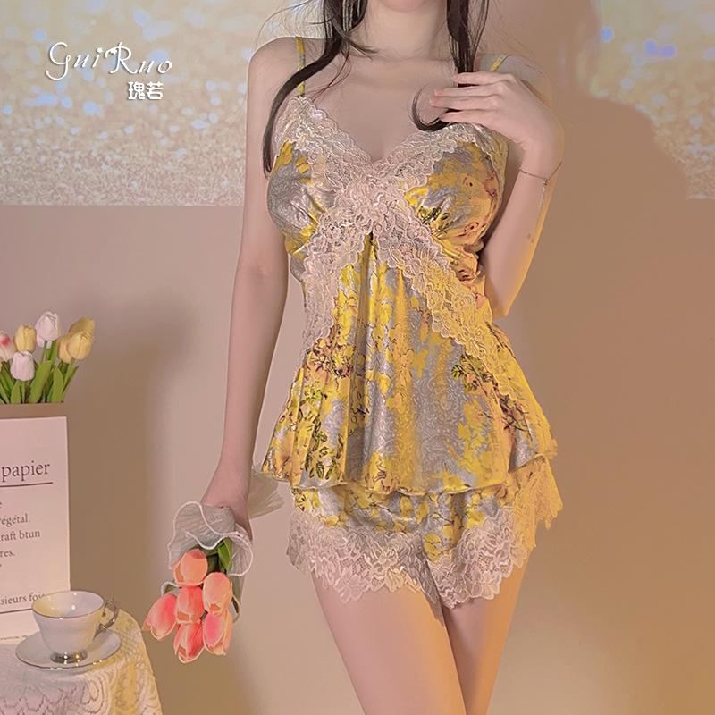 Women's Satin Lace Deep V Padded Cami Top Shorts with Robe Lounge Set