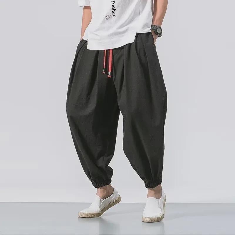 Men's Summer Loose Fit Cotton-Linen Nine-Point Wide-Leg Pants