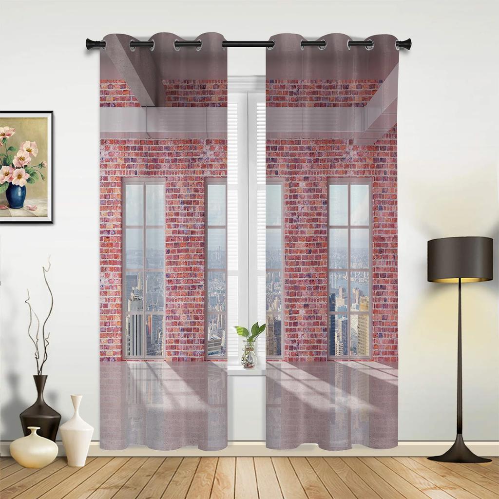 Door Stone and Brick Vintage Window Curtain Drapes Home Decor Living Room Spaces Curtains Kids Room Cortinas Wooden Brown For Kitchen Spaces Bedroom