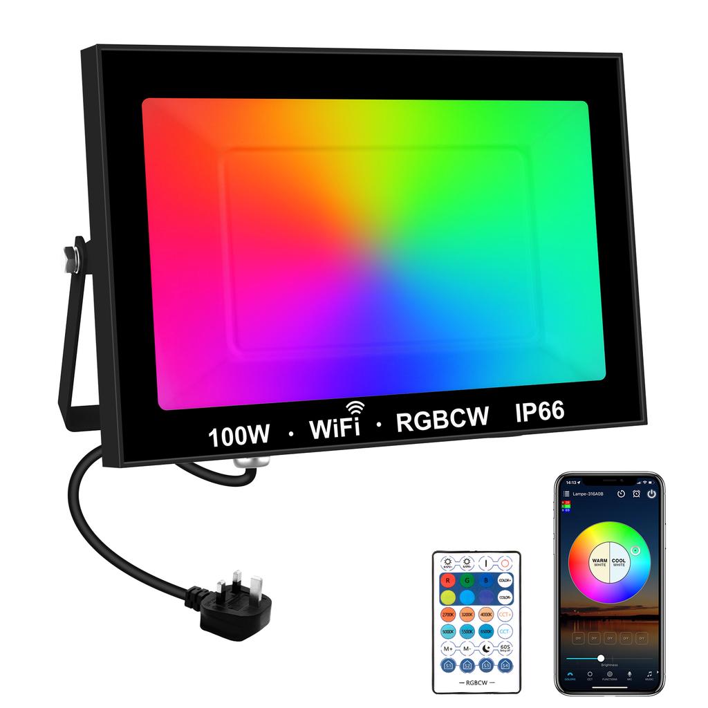 T-sunrise 100W RGB Smart Floodlight Outdoor Spotlight IP66 Remote Control Warm Cool Lighting WIFI Control for Alexa EU UK Plug