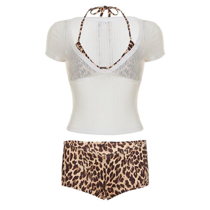 

Outfirgirl Seaside Vacation Wear Sexy Leopard Print Bikini 2025 Summer Micro Transparent Sexy Top Three-Piece Suit White S