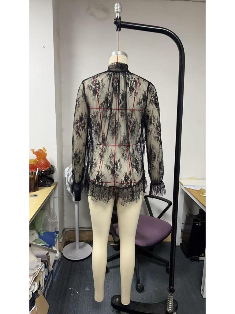 Frühlingshafter Euro-Amerikanischer Stylischer Durchsichtiger Spitzen-Langarmtop