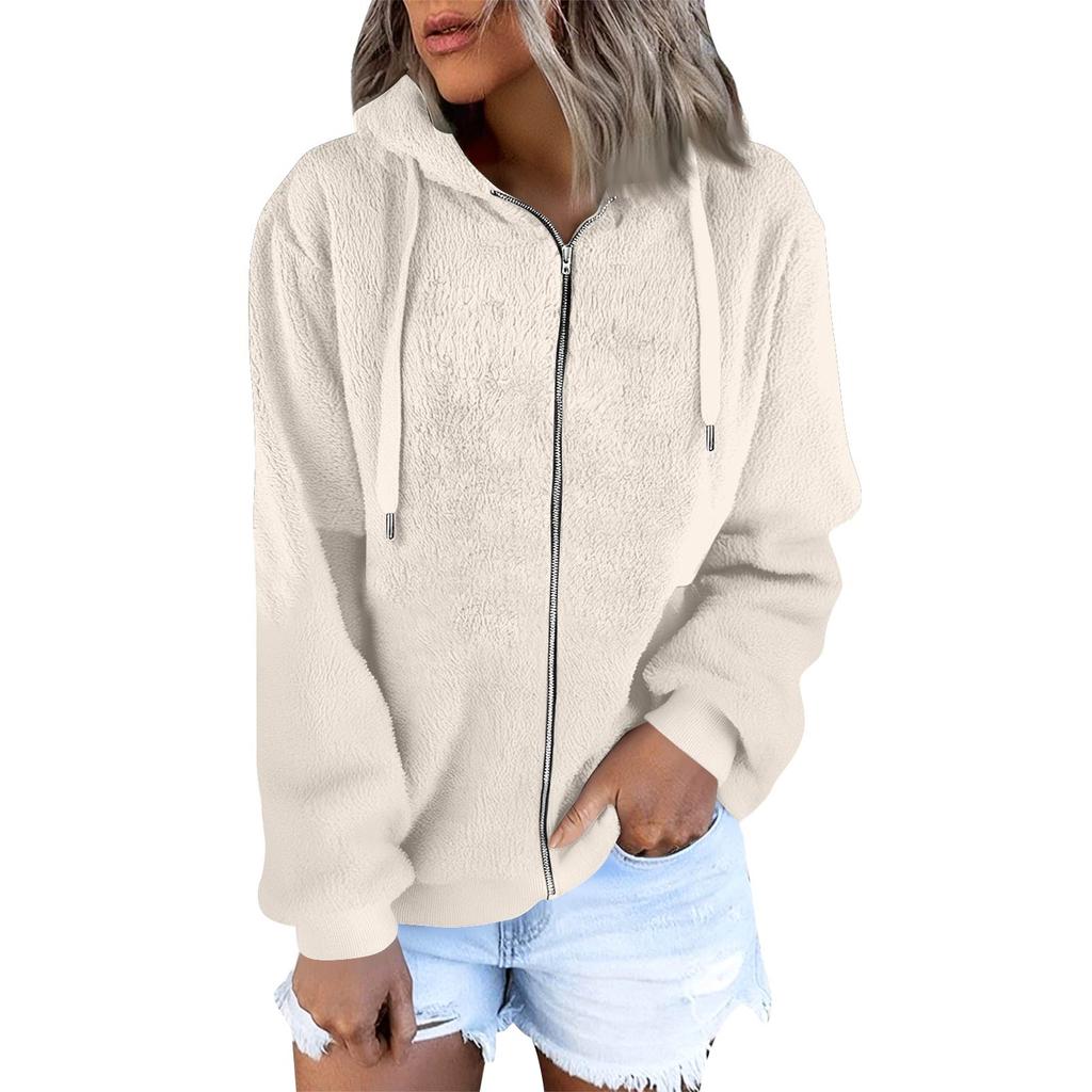Felpa con cappuccio da donna alla moda calda in pile tinta unita con tasca con cerniera giacca casual
