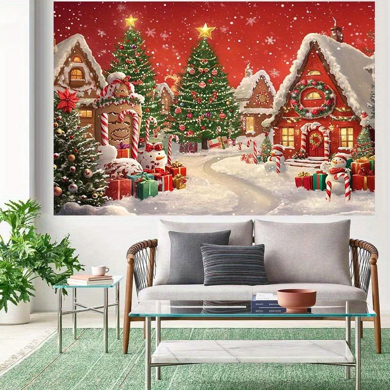 A Festive Christmas Village Background with Snow Scenes Decorative Trees and Gingerbread Houses - Polyester - Birthday Party
