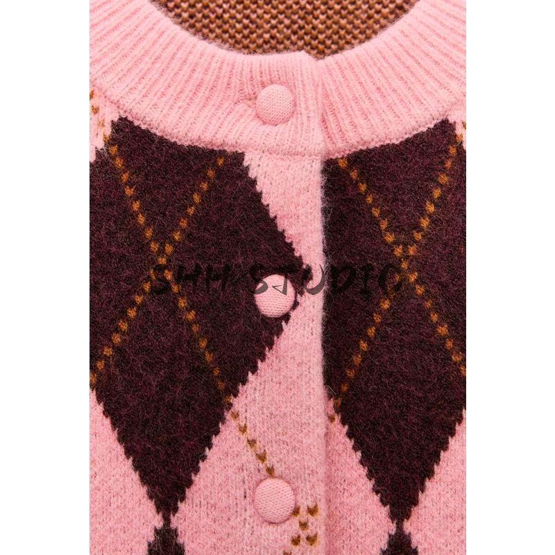 Spring New Women's Clothing Preppy Style Diamond Jacquard round Neck Long Sleeves Casual Knitting Outwear 5755011