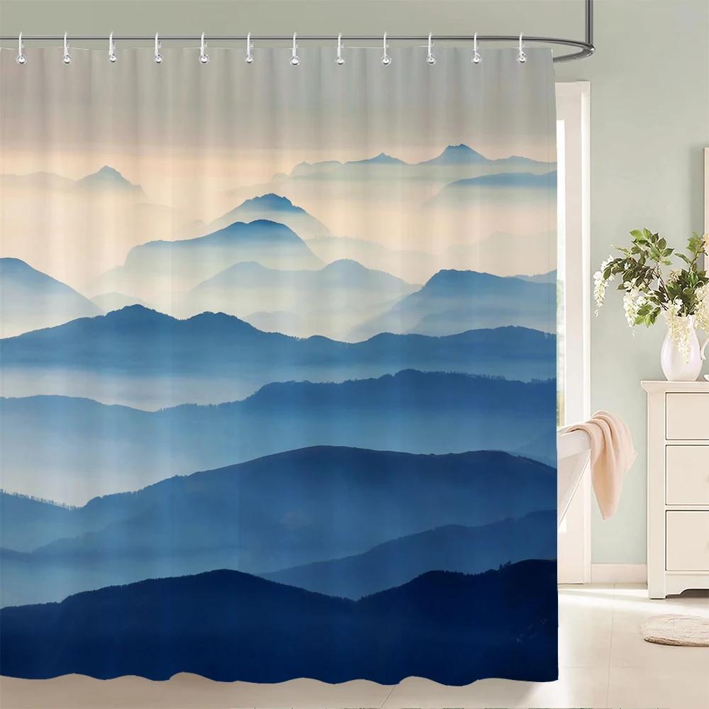 Chinese Ink Painting Landscape Bath Curtain Waterproof Shower Curtains Marble Pattern Bath Screen Printed Curtain for Bathroom